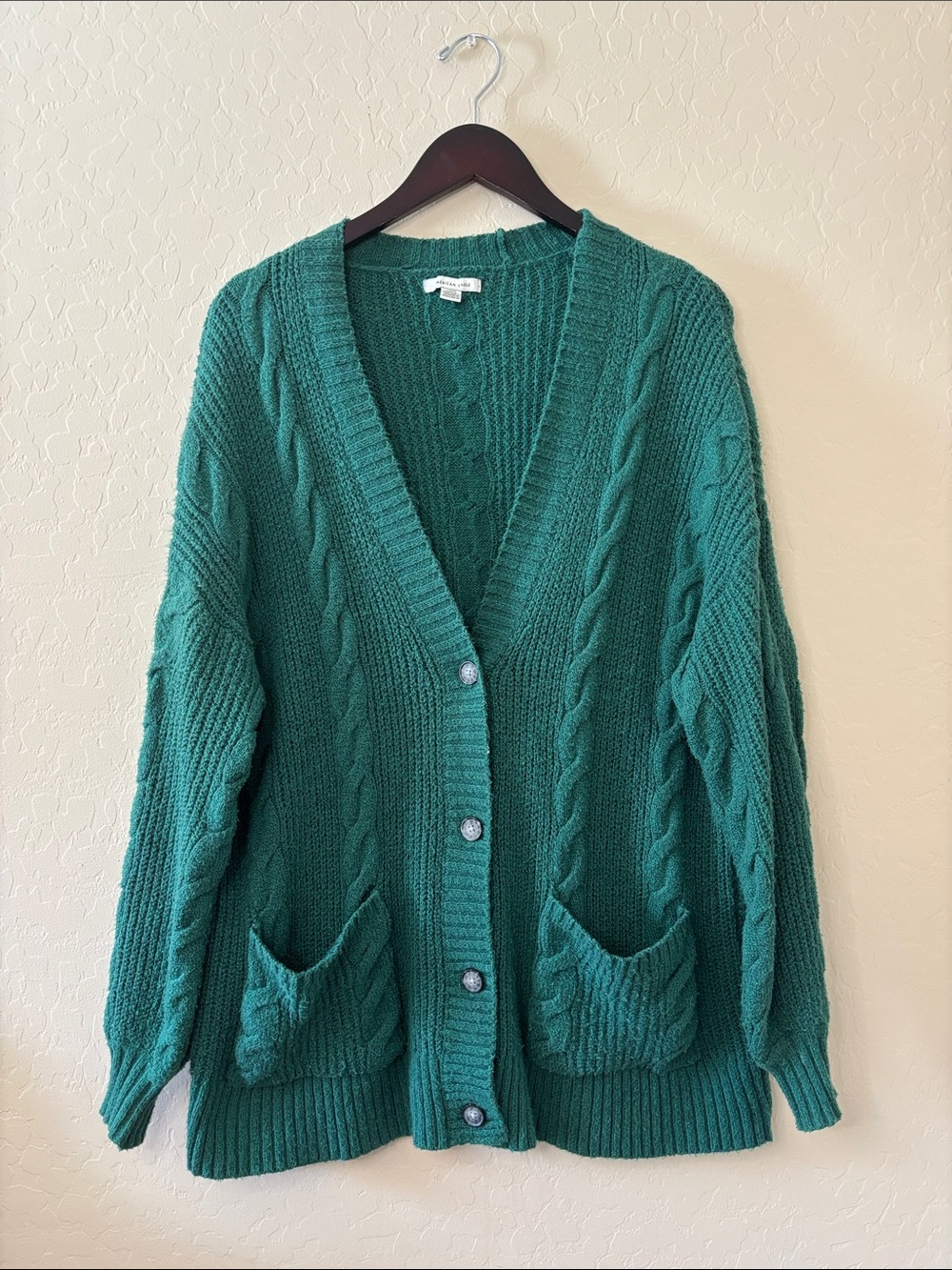 AE Green Cable Knit Button-Front Cardigan Sweater